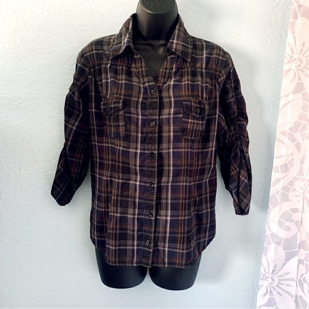 Planet Gold Blue & Brown Plaid Button Down Shirt 3/4 Ruched Sleeves Size Large